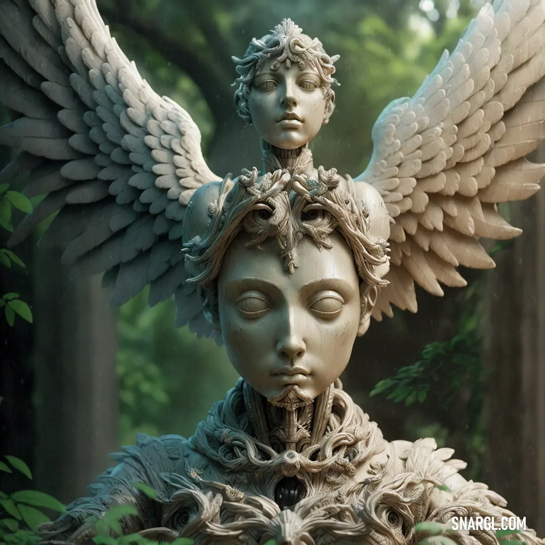 Statue of a woman with wings on her head and a forest background with trees