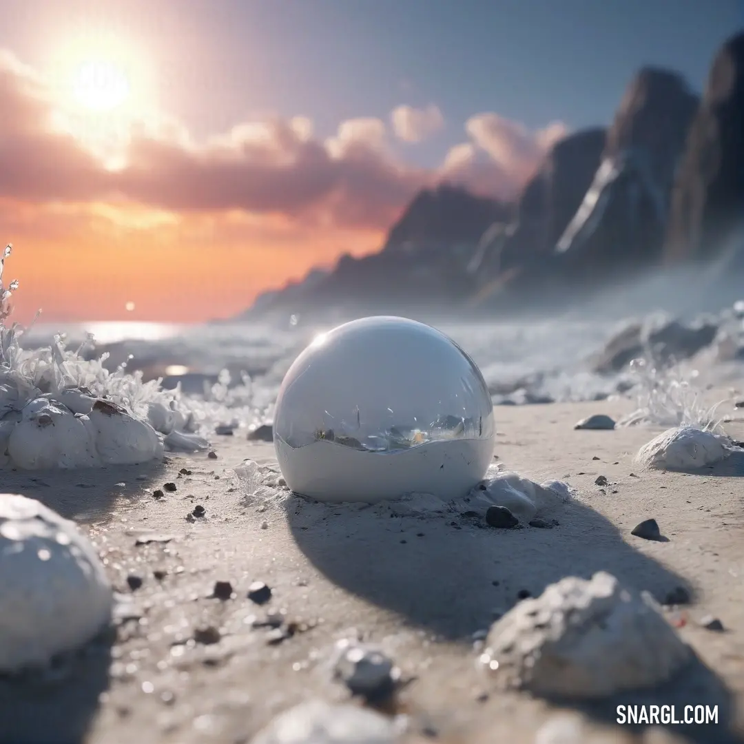 A simple white ball placed on a sandy beach, the tranquil ocean stretching in the background, as the soft glow of sunrise or sunset bathes the scene with warm, golden light, casting long shadows.