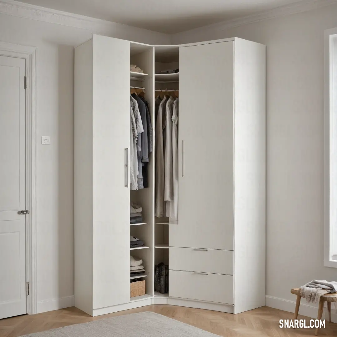 An inviting eggshell-colored room featuring a neatly organized white closet overflowing with garments, alongside a charming stool nestled in the corner, optimizing space while serving as a perfect accent piece.