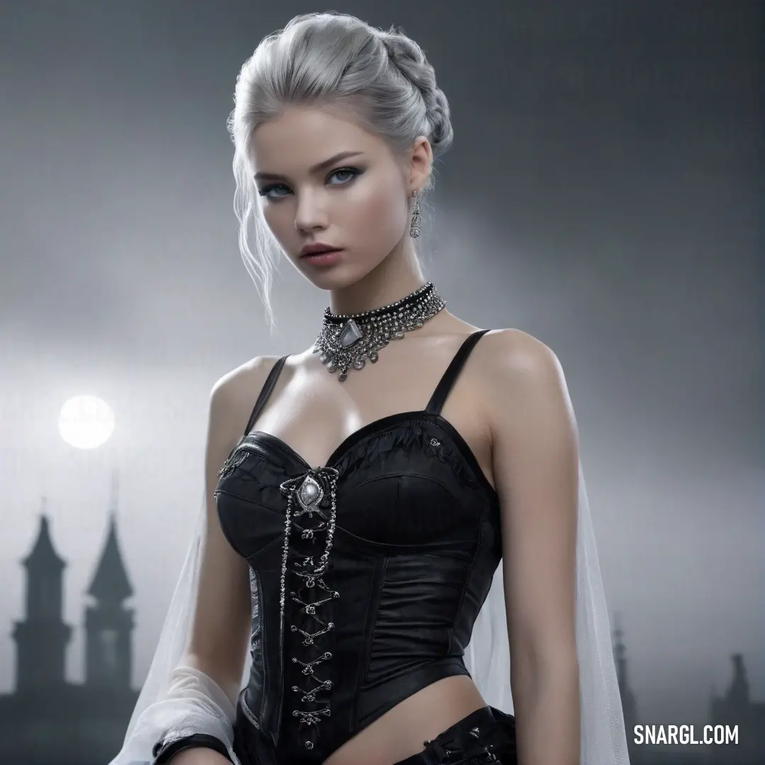 In front of a majestic castle shrouded in night, a woman poses elegantly in a corset and intricate veil. The soft glow of the moonlight accentuates her delicate features, creating a dreamlike atmosphere enchanted by mystery.