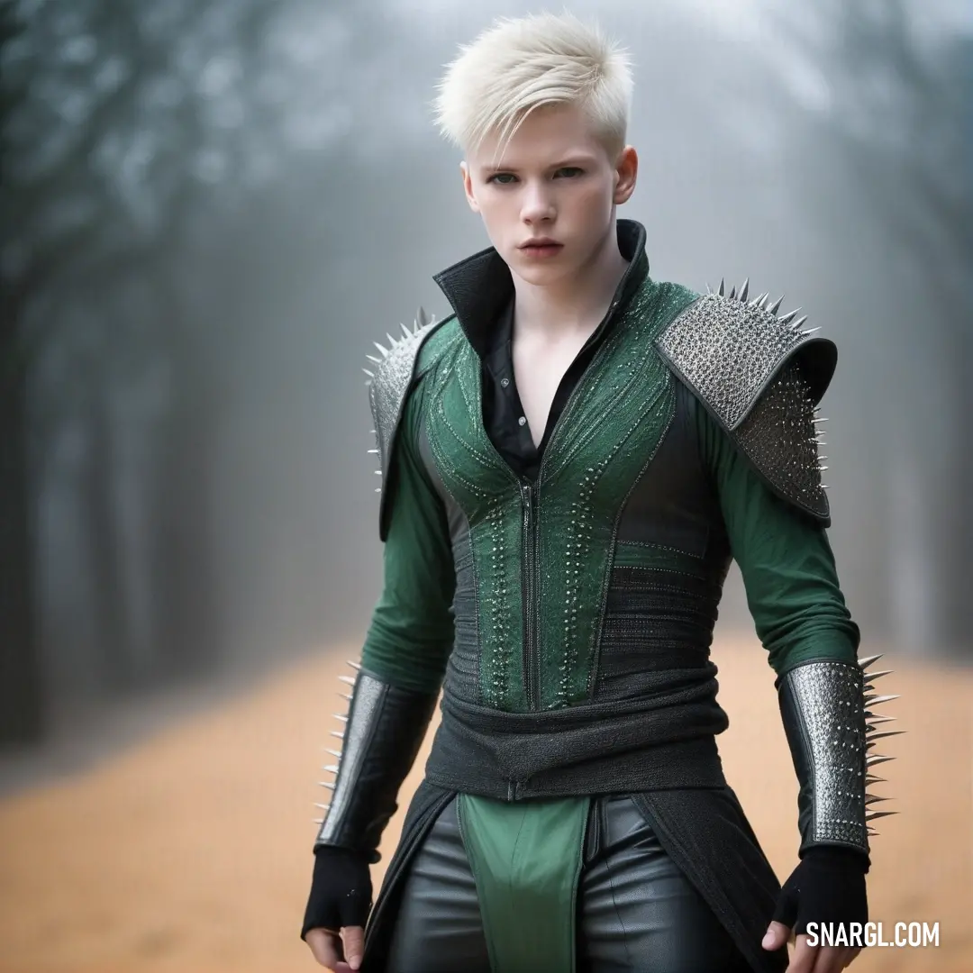 A confident woman stands boldly in a striking green and black ensemble, her spiked hair catching the light. The black jacket adorned with silver spikes adds an edgy flair, making her a captivating figure against any backdrop.