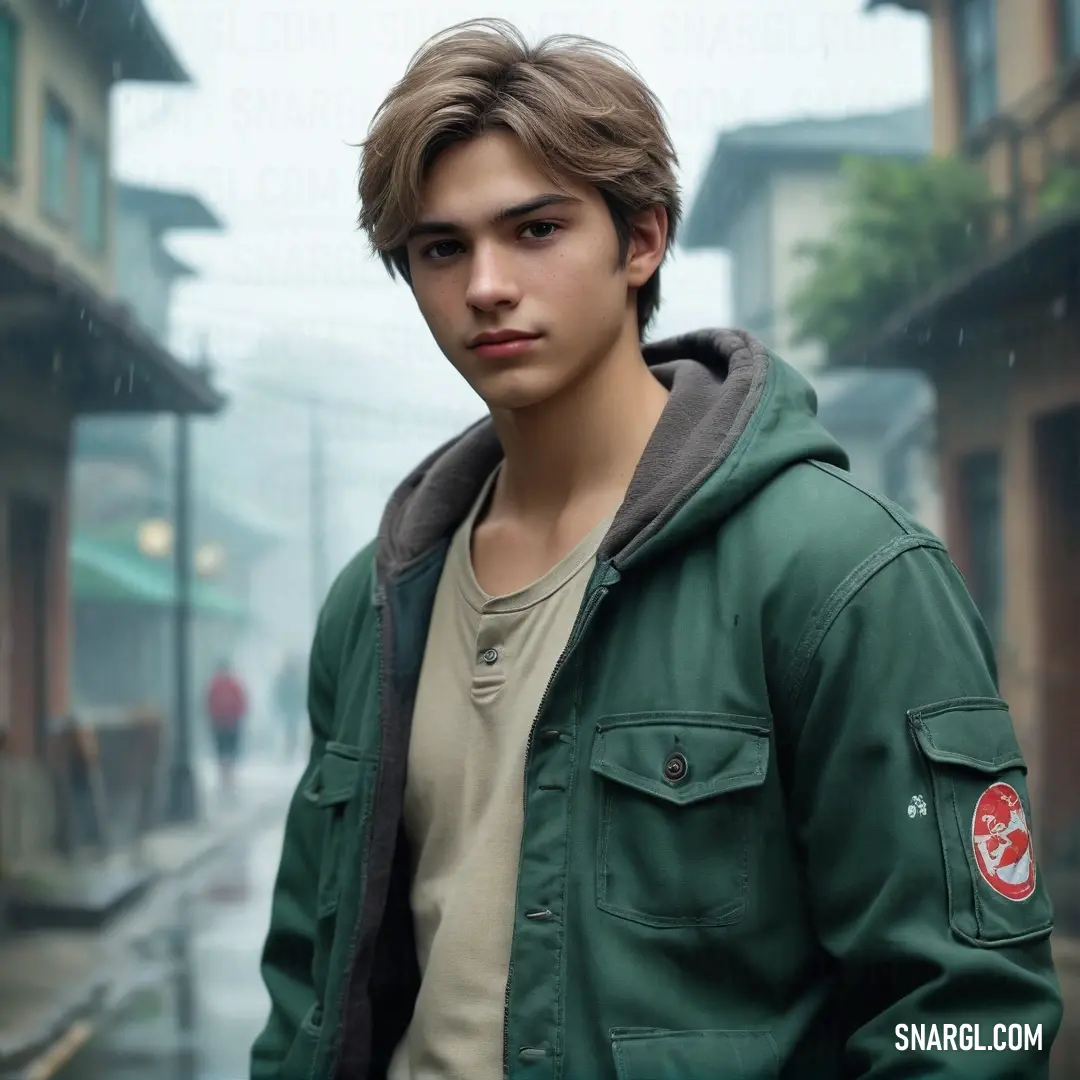 Young man in a green jacket standing in the rain in a city street with buildings. Example of RGB 240,234,214 color.