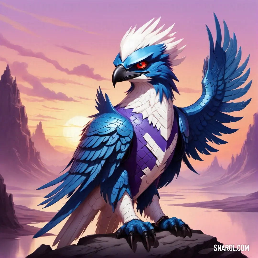 Egyptian blue color. Bird with a blue and white wings and a purple shirt on it's chest and a purple sky behind it