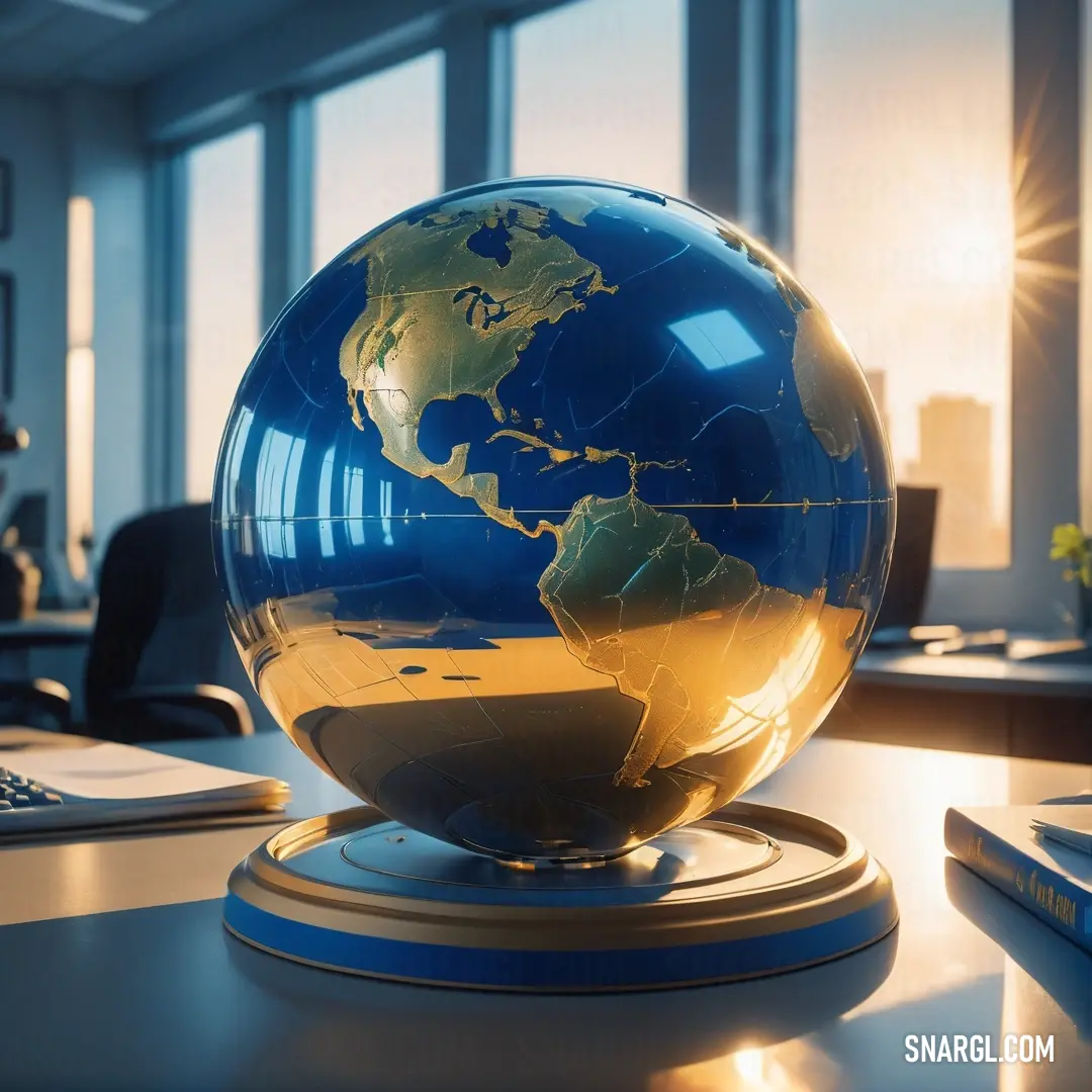 Blue and gold globe on a desk in an office setting with a laptop and a window in the background. Example of #1034A6 color.