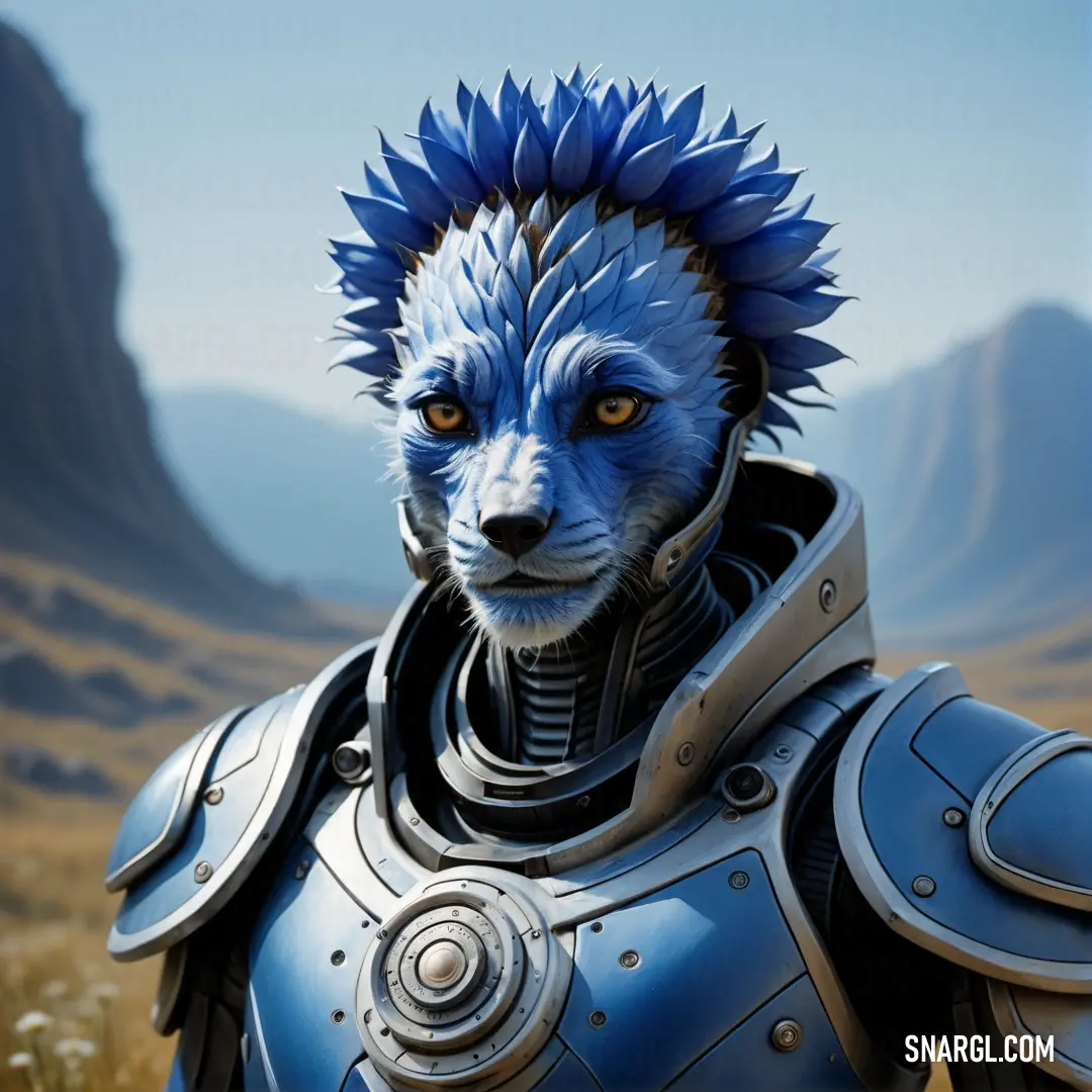 Blue wolf with a helmet and armor on in a field of grass and rocks with mountains in the background. Color #1034A6.