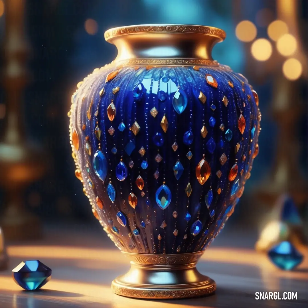 Blue vase with a gold base and a diamond on the ground next to it and a blue background. Color Egyptian blue.