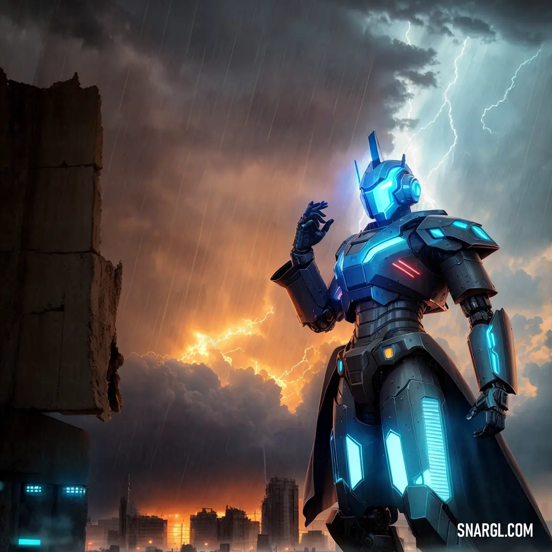 Robot that is standing in the rain with a lightning bolt in the background. Color CMYK 90,69,0,35.
