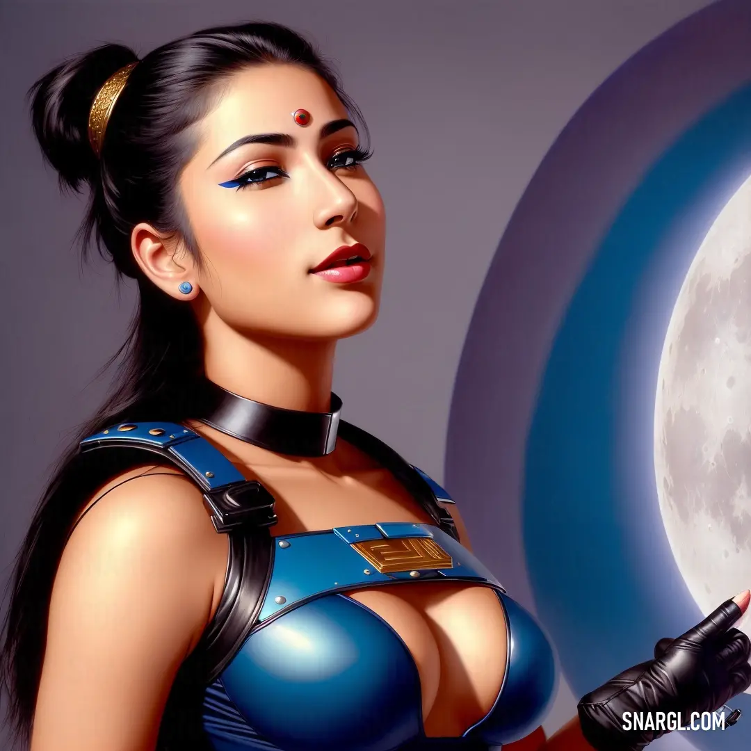 Woman in a blue outfit holding a cell phone in front of a moon. Example of RGB 16,52,166 color.