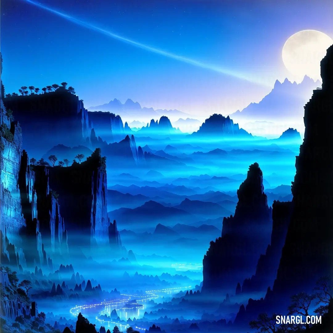 Painting of a mountain landscape with a full moon in the sky above it and a blue sky with clouds