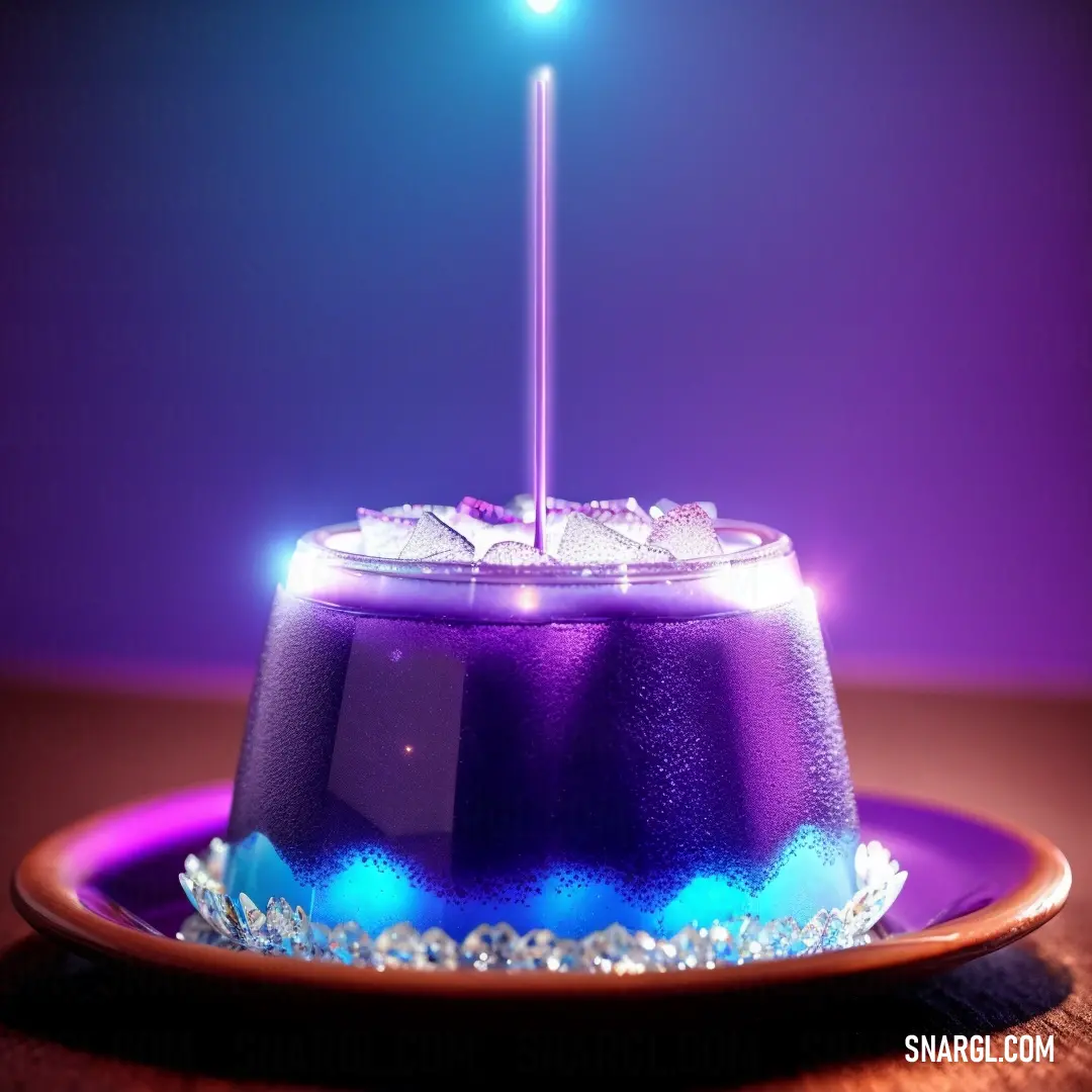 Purple drink with a blue light on top of it on a plate on a table with a purple background