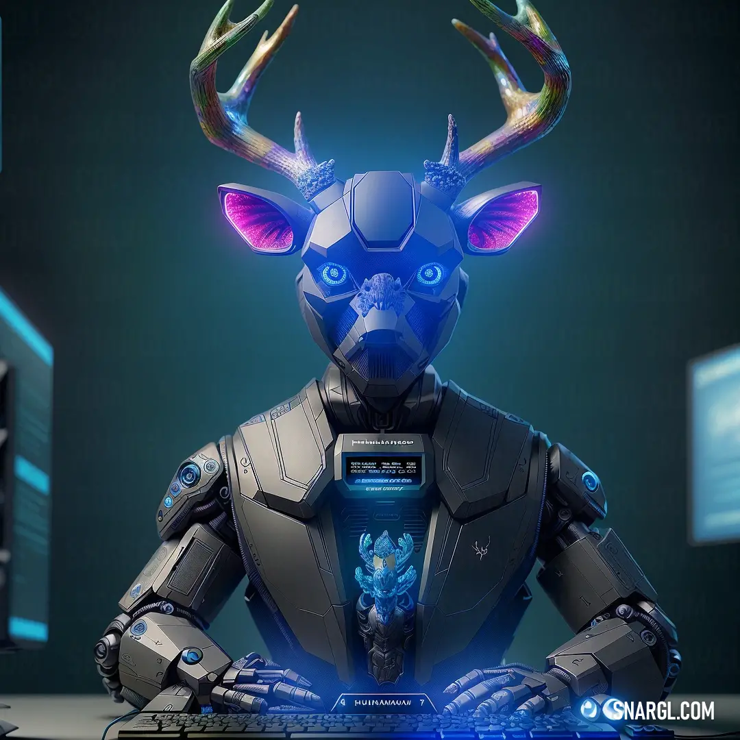 Robot with a deer head and a keyboard in front of a monitor
