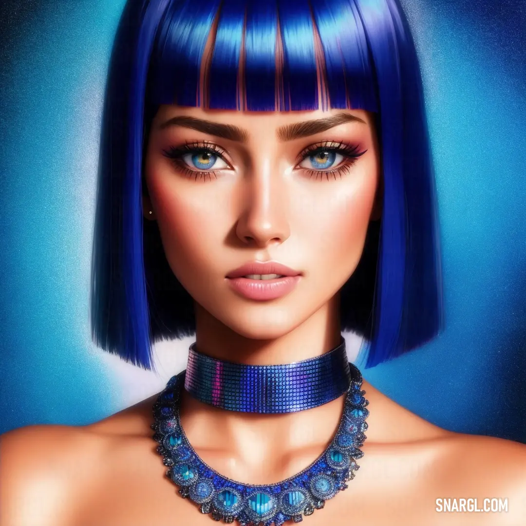 Woman with blue hair and a choker necklace on her neck is looking at the camera