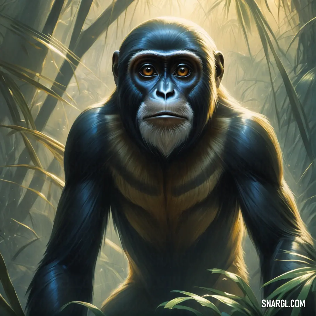 Egyptopithecus with a big head in the jungle with a light shining on it's face and a lot of leaves