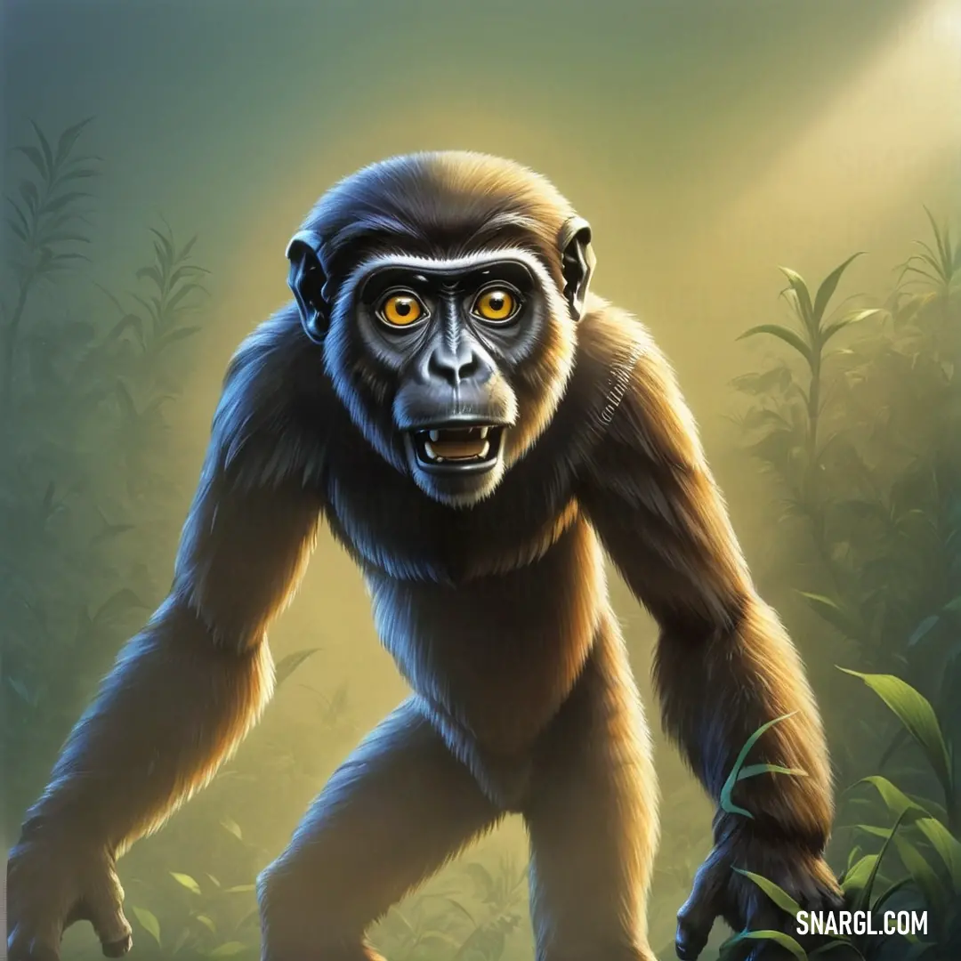 Egyptopithecus with a yellow eyes standing in the jungle with a light shining on it's face and a plant behind it