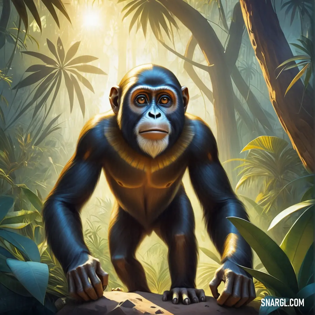 Monkey standing in the middle of a jungle with a bright light shining on it's face and head