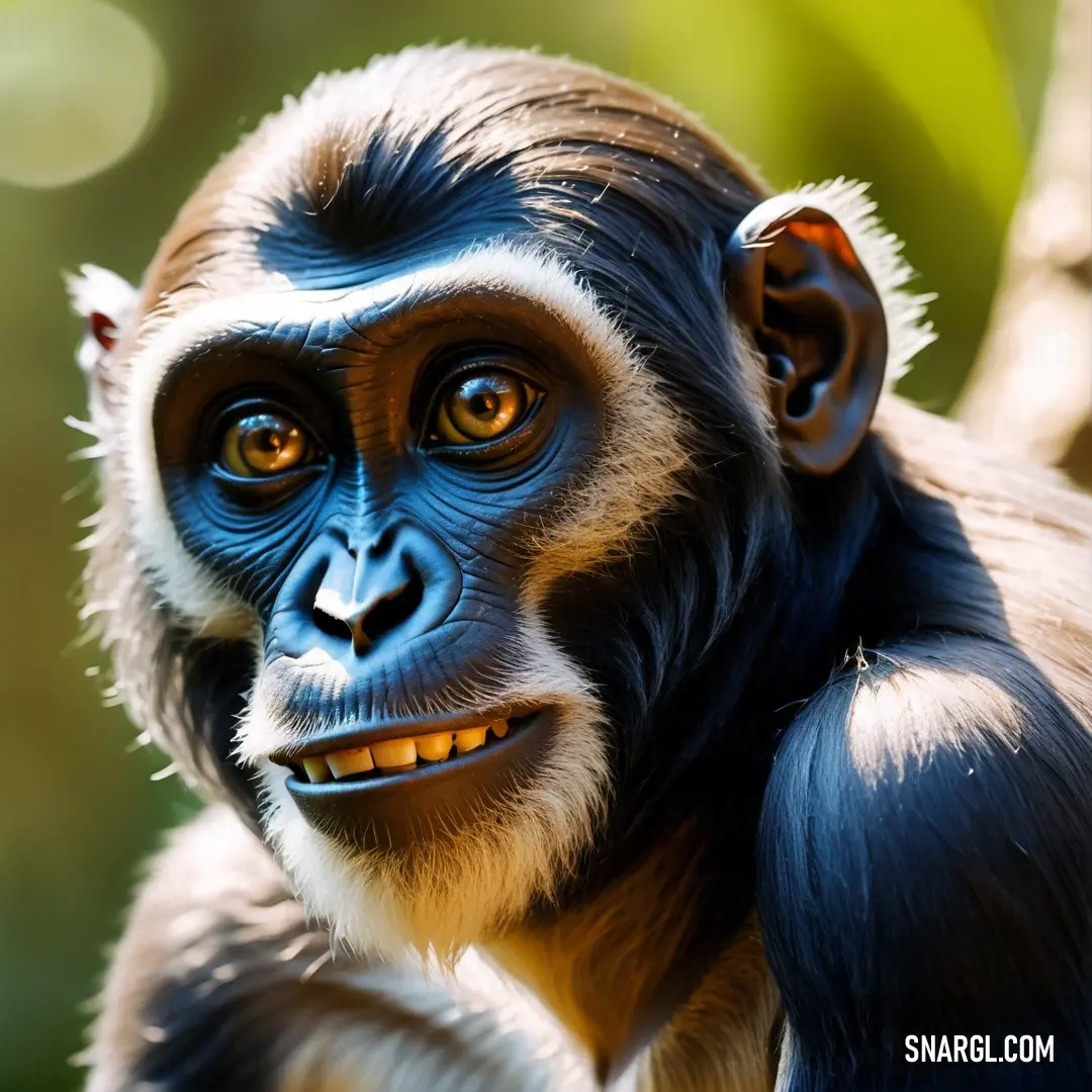 Monkey with a blue face and a brown body and a white face and a green leaf in the background