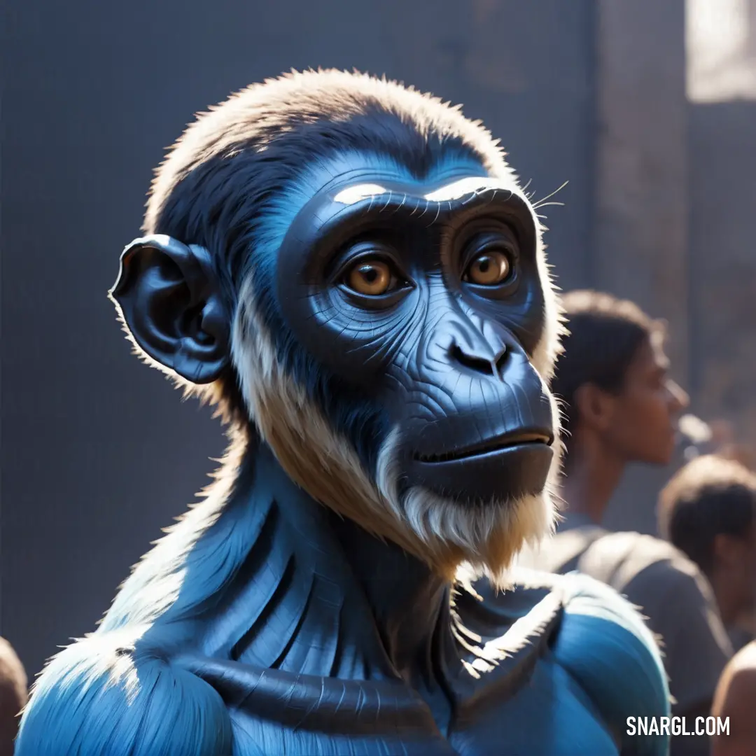 Monkey with a blue suit and a male Egyptopithecus in the background