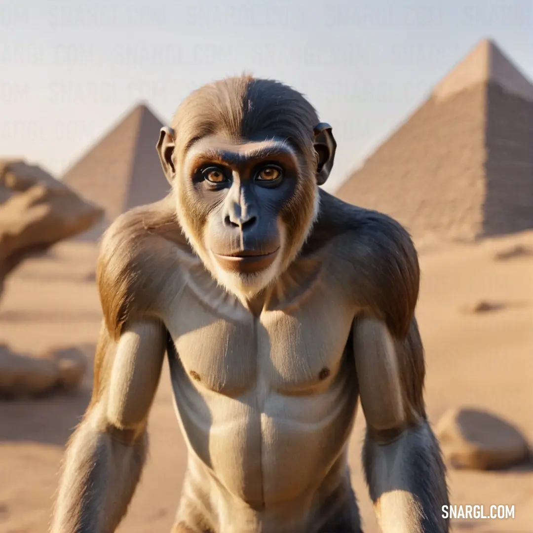 Monkey with a humale Egyptopithecus like body and a pyramid in the background