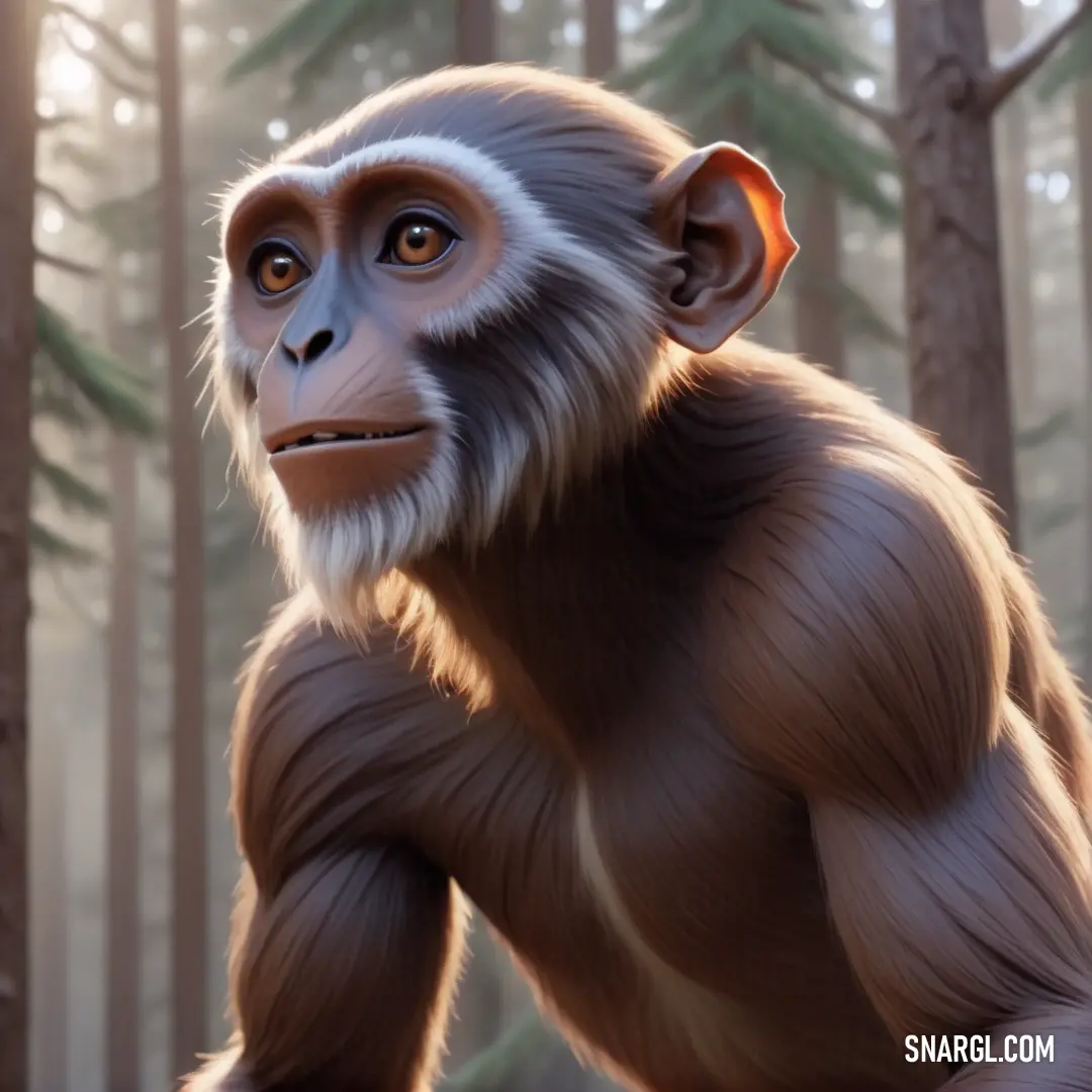 Monkey with a long tail and a big smile on its face in a forest with trees and sunlight