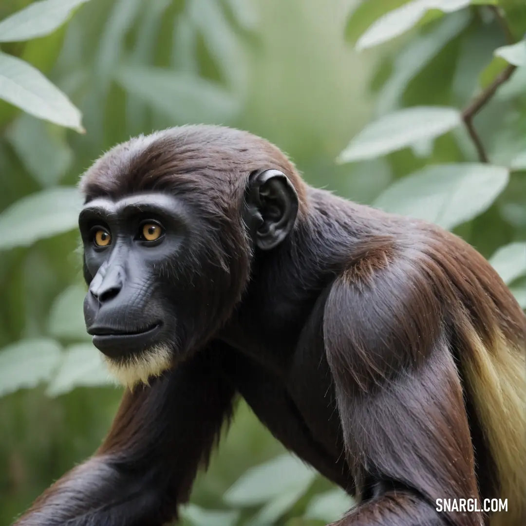 Monkey with a long tail and a black face and yellow eyes is standing in front of some leaves