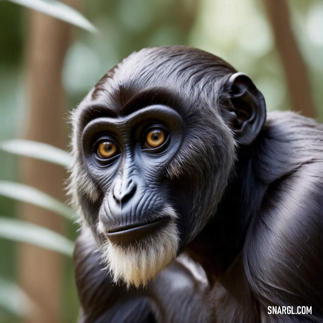 Monkey with a long tail and a black face and a white face and a brown nose and a green leaf