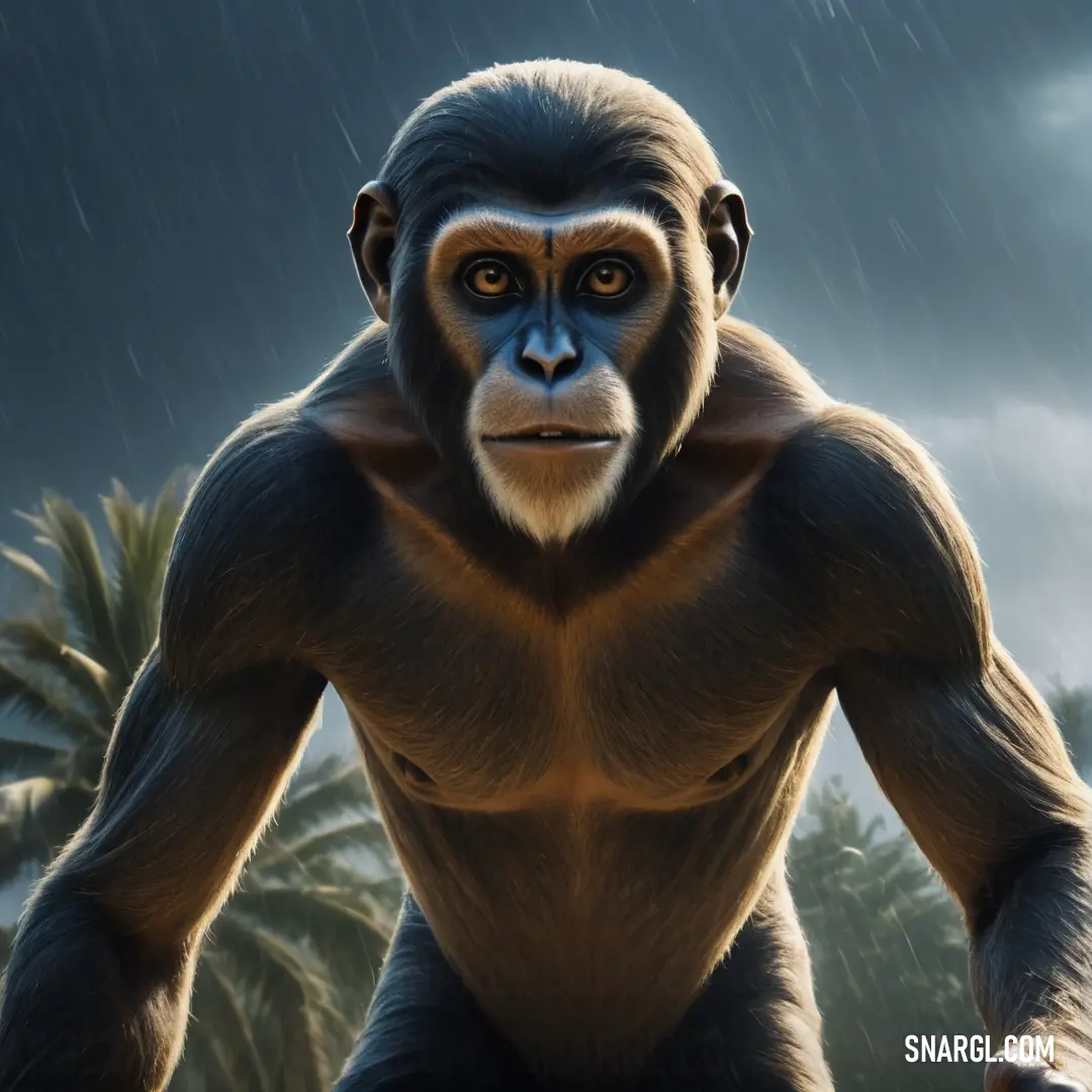 Monkey with a very large face and a very long neck standing in the rain with palm trees in the background
