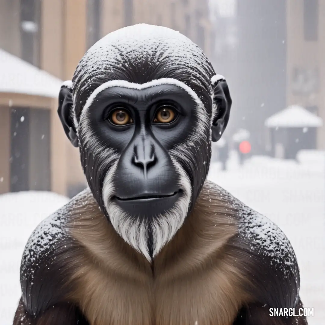 Monkey with a white face and brown chest in the snow with buildings in the background