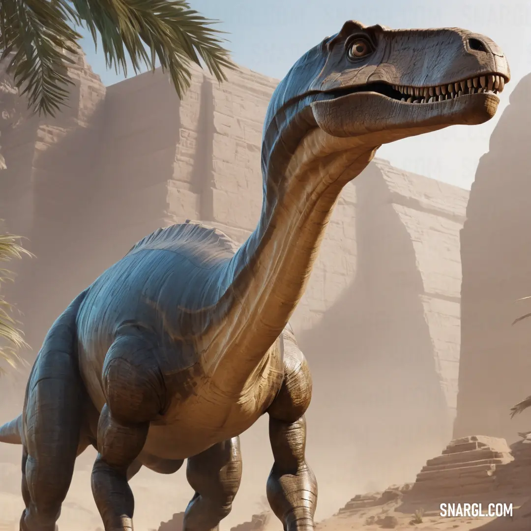 Egyptosaurus in a desert setting with a palm tree in the background