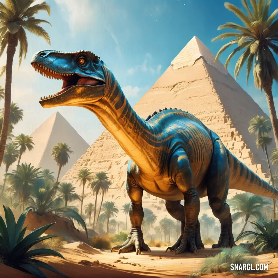 Egyptosaurus in a desert with pyramids in the background