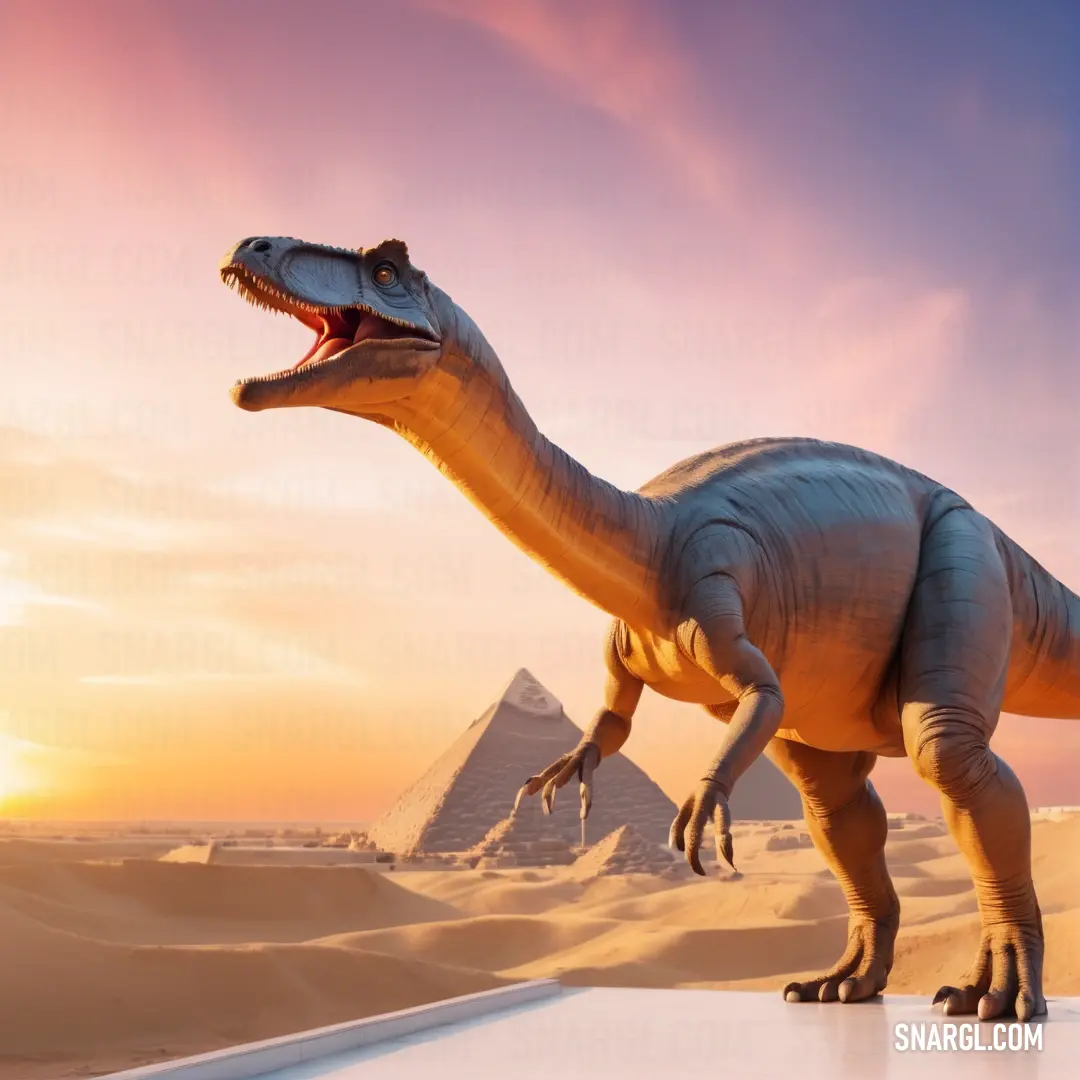 Egyptosaurus is standing in the desert with pyramids in the background