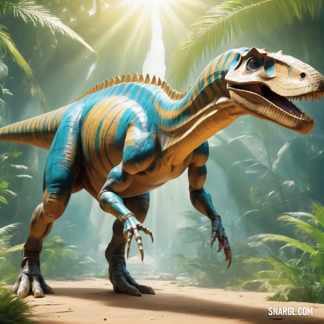 Egyptosaurus is walking through a jungle with palm trees and sun shining down on it's back legs