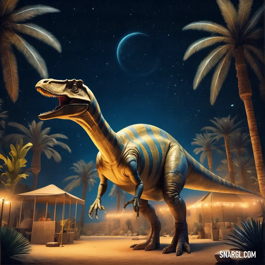 Egyptosaurus with its mouth open standing in a desert area at night with palm trees and a moon in the sky