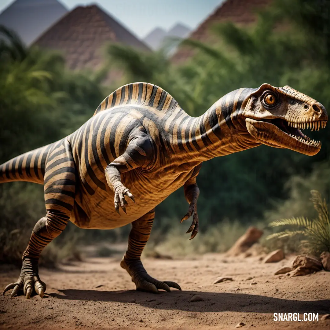 Egyptosaurus with stripes on its body and a tail is walking on a dirt road in front of trees
