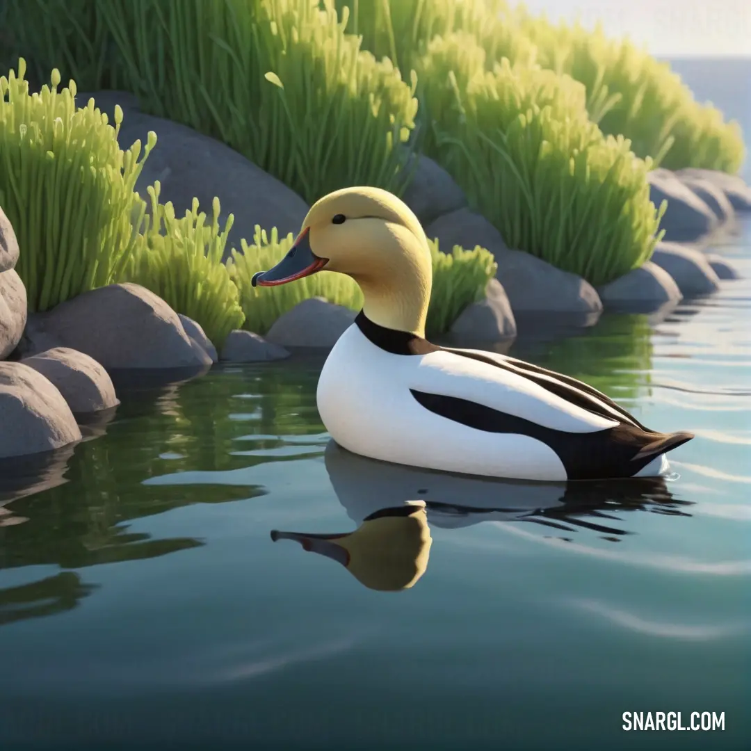 A duck floats serenely on a sparkling lake, with a lush green field of grass and scattered rocks framing the picturesque landscape.