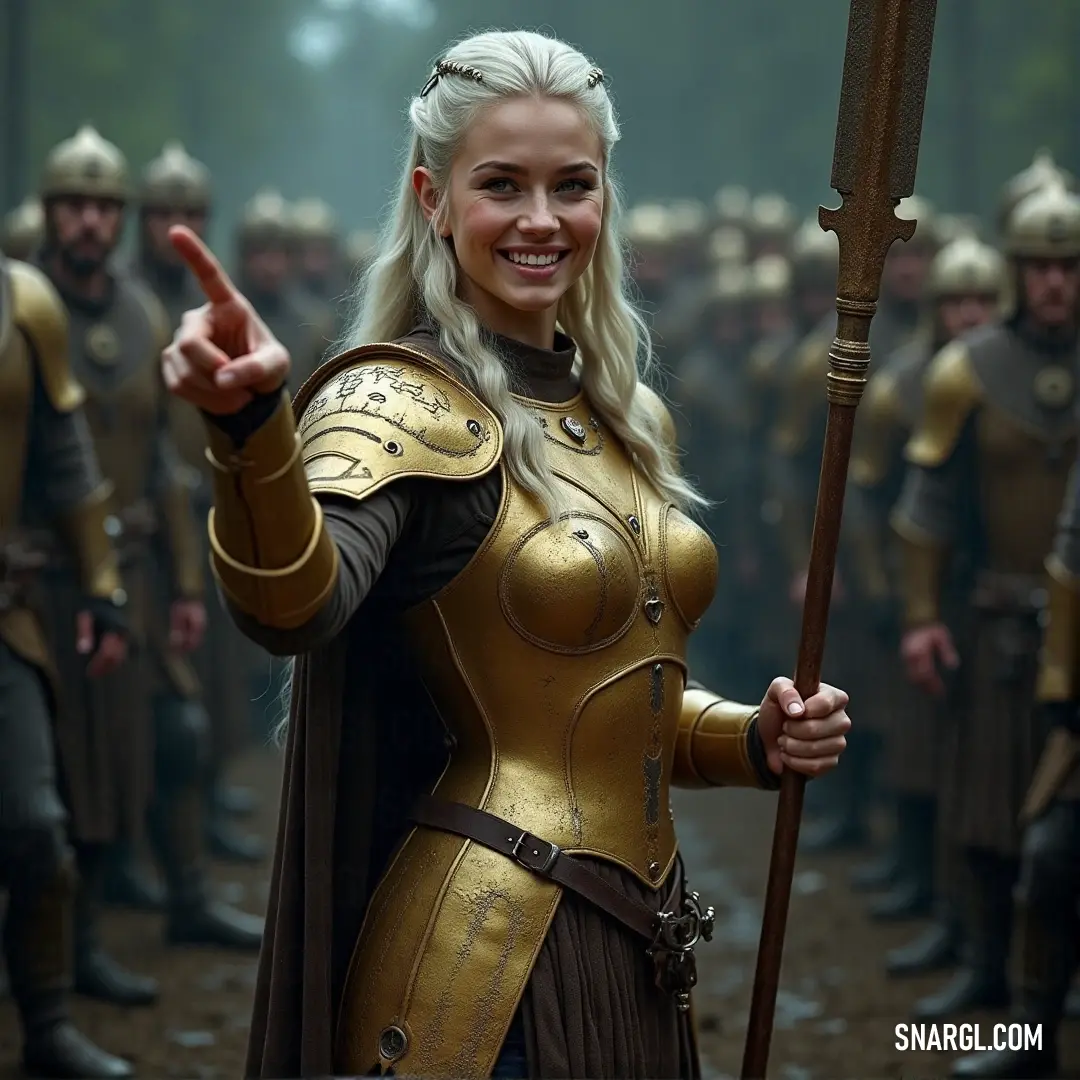 Eilin, now holding a staff, stands before a group of armored warriors, her presence commanding respect and focus as she prepares for a new challenge, her allies gathered in support behind her.