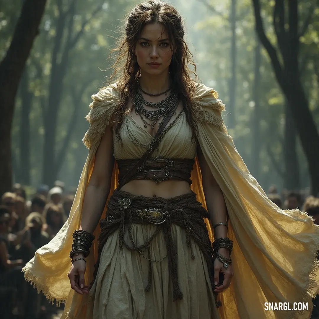Amidst the energy of a lively crowd in the forest, this character stands proudly in her colorful costume, embodying the spirit of friendship and adventure in a vibrant tableau of nature and joy. Standing amidst a vibrant gathering in a lush forest, a spirited figure in a decorative costume is captured in the midst of joy and celebration, surrounded by friends and laughter.
