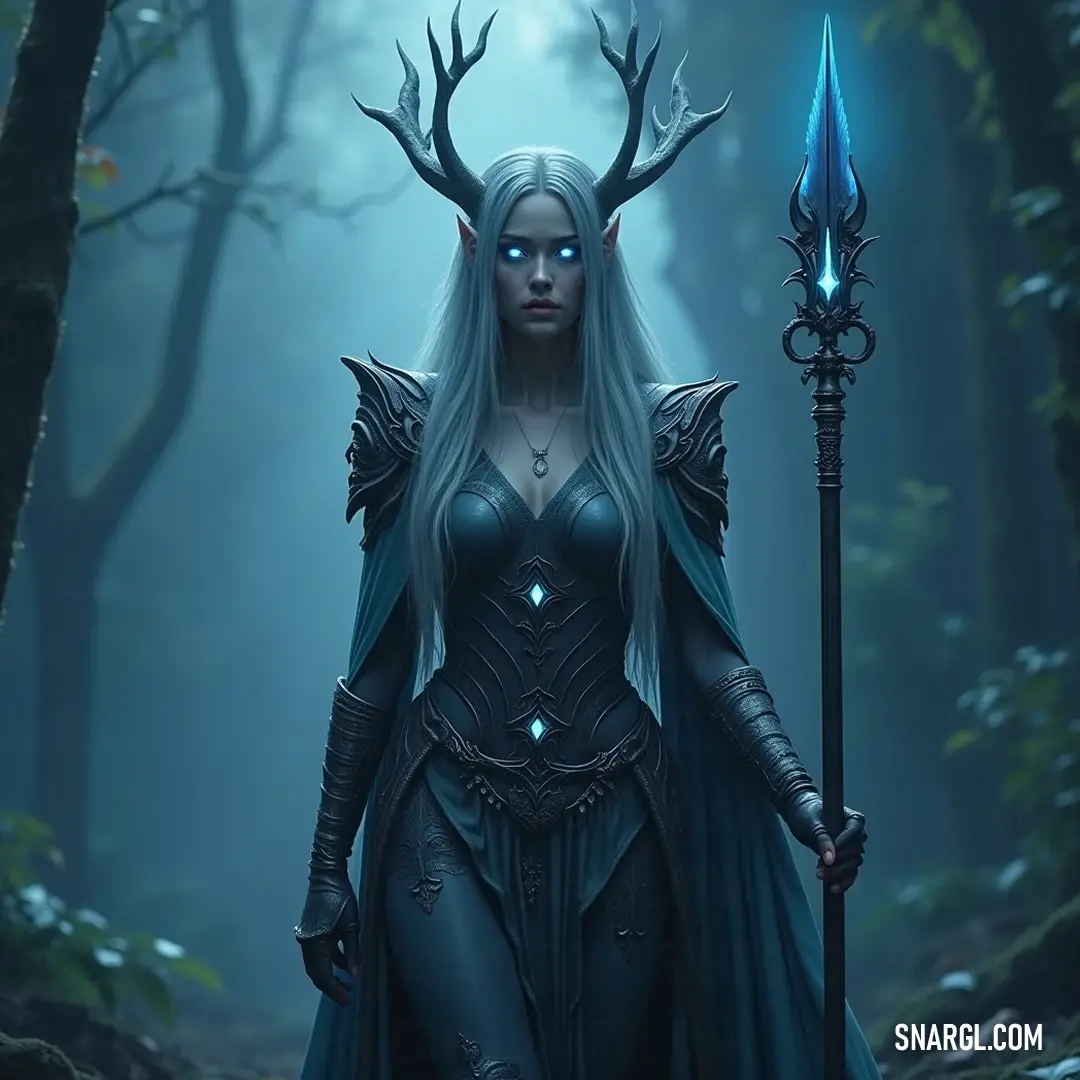 A mystical figure in a flowing blue dress holds a mesmerizing blue staff, surrounded by ancient trees shrouded in fog, as ethereal blue light glows. A mystical figure in a flowing blue dress holds a mesmerizing blue staff, surrounded by ancient trees shrouded in fog, as ethereal blue light glows, illuminating the enchanting forest scene with an aura of magic.