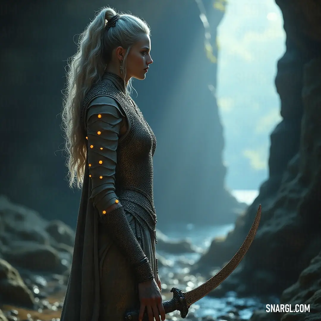 A fierce warrior dressed in intricate armor and a vibrant costume stands defiantly within a shadowy cave, brandishing a sword with a flowing river glistening in the background. A fierce warrior dressed in intricate armor and a vibrant costume stands defiantly within a shadowy cave, brandishing a sword with a flowing river glistening in the background, hinting at a dangerous adventure.