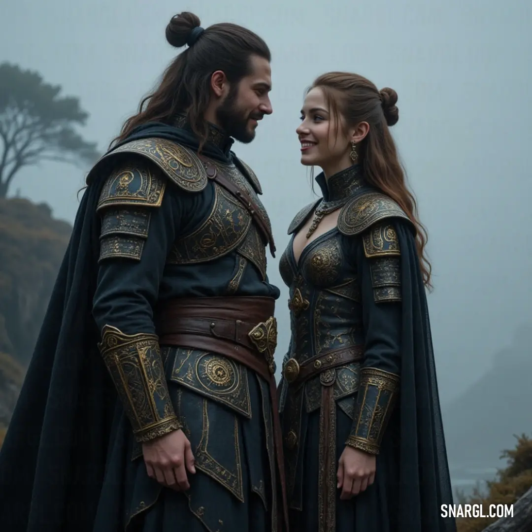 A noble duo, clad in medieval attire, stand together amidst the foggy woods, ready to embark on an epic journey. In a fog-laden woodland, a man and Eir unite, both donned in intricate medieval costumes that evoke an era of chivalry. The ethereal mist swirls around them, heightening the sense of adventure and camaraderie.