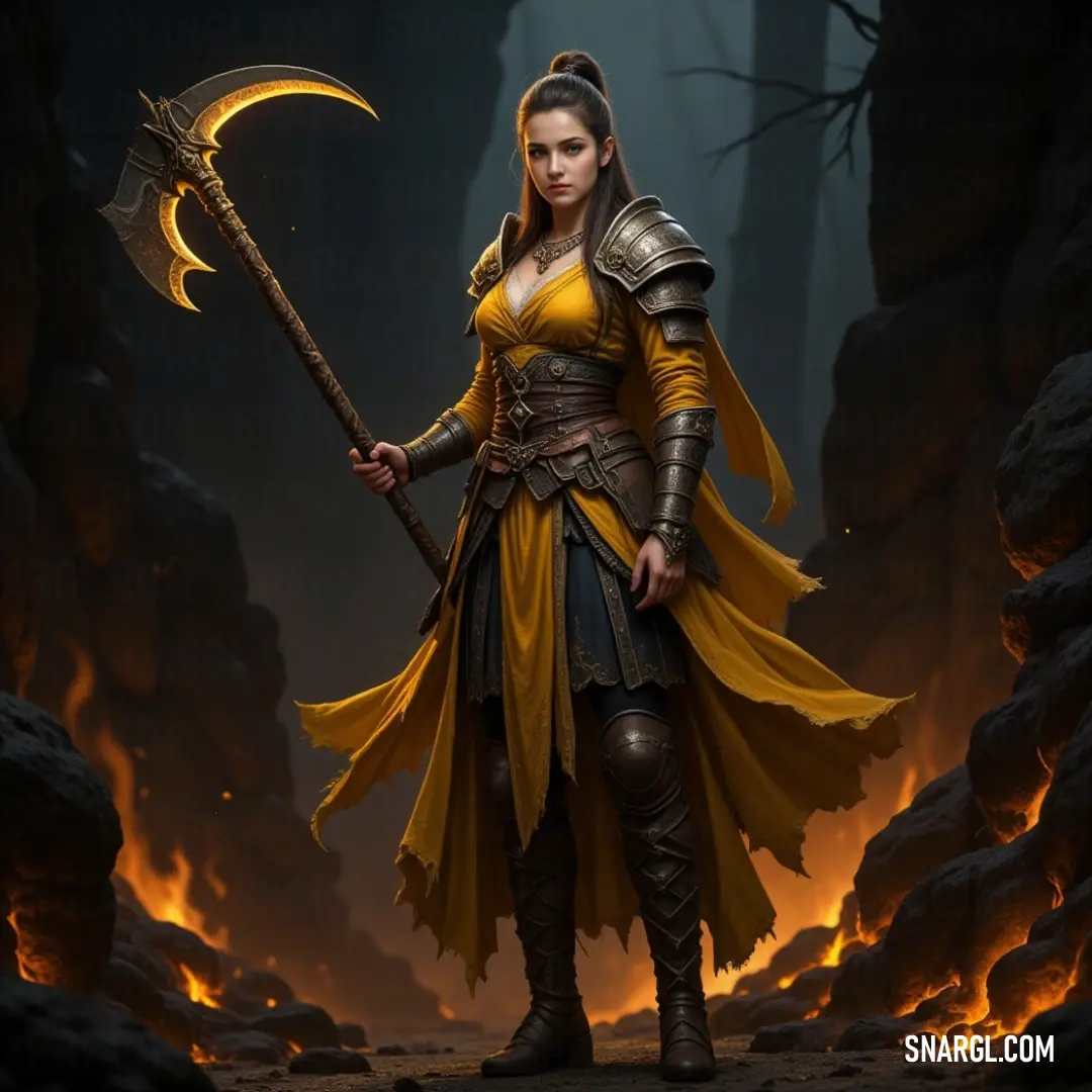 Eir, the fearless warrior in a vivid yellow dress, brandishes her gleaming axe, surrounded by the secrets of a dark cave. A mystical warrior named Eir, adorned in a vibrant yellow dress, stands confidently in a shadowy cave, wielding a formidable axe that gleams in the dim light. The rugged textures of the cave walls enhance the air of mystery surrounding her.