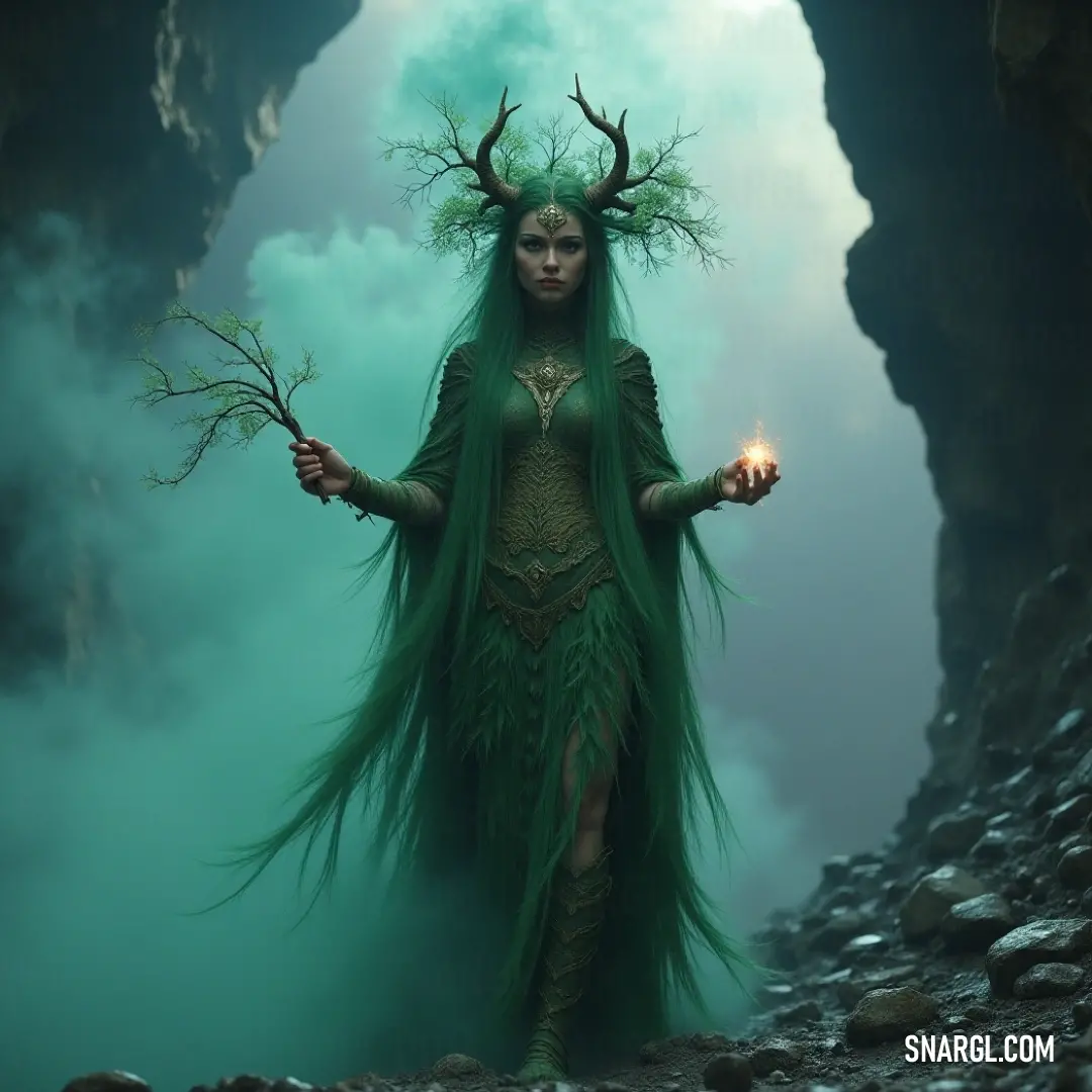 A mystical figure in a green gown stands in a cave filled with smoke, carefully holding a candle in one hand and a tree branch in the other. The dim light creates an ethereal ambiance, revealing her serene expression as she connects with the secrets of na