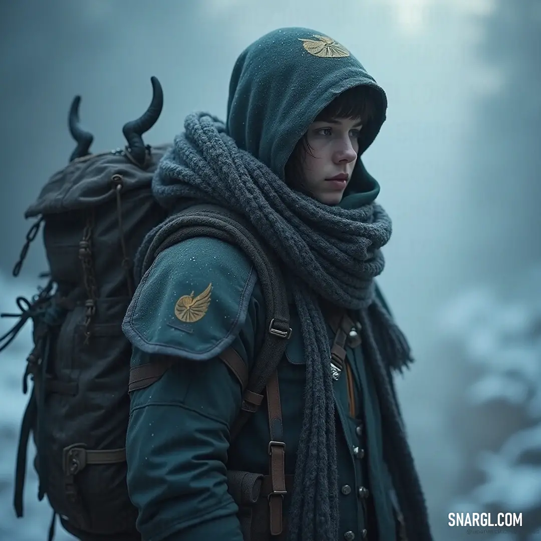 A resilient adventurer adorned with horns navigates a wintry realm, their backpack hinting at untold stories and experiences. A determined figure with distinctive horns stands amidst a snowy landscape, wearing a sturdy backpack that hints at countless journeys, while snowflakes delicately dance around them in the crisp winter air.