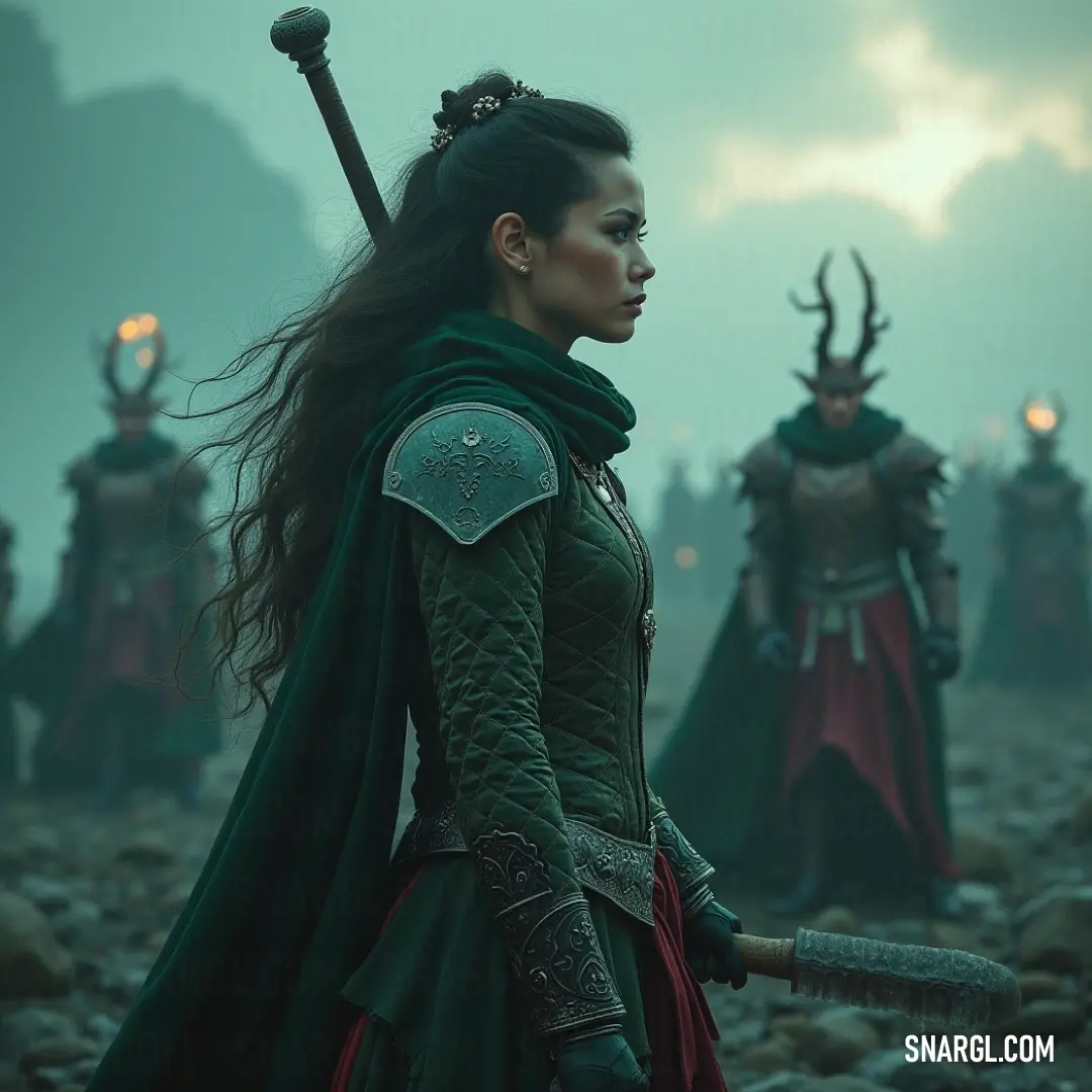 A striking character in a green dress with horns, accompanied by two companions on an adventure. A captivating figure in a vibrant green dress, complete with majestic horns, wields a sword. Flanked by two similarly adorned women, they create a scene brimming with intrigue and camaraderie, poised for an adventure unlike any other.