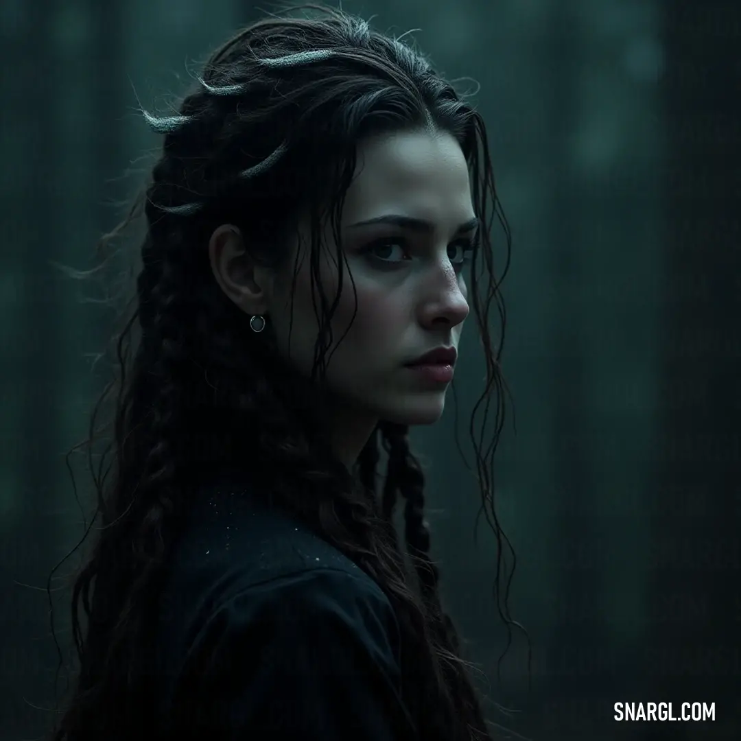 A serene portrait of a figure within a lush forest, her long hair cascading down, complemented by a stylish black shirt against the backdrop of ancient trees and hidden wonders. Amidst the tranquil embrace of a majestic forest, a figure with flowing long hair adorns herself in a sleek black shirt, surrounded by towering trees that whisper tales of nature's untouched beauty in soft hues of green.