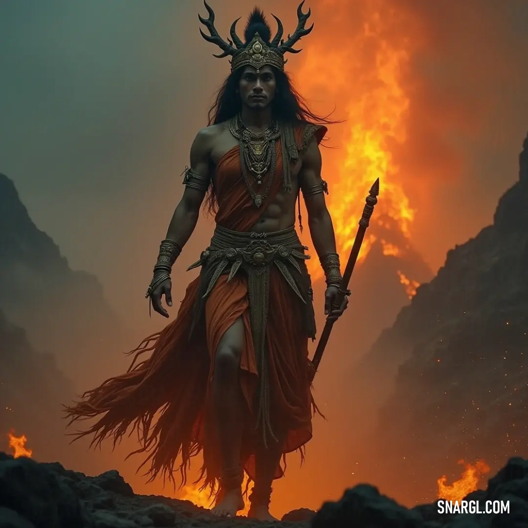 In a dramatic landscape, a horned figure walks through rocky terrain, holding a staff that radiates power, as the fiery backdrop hints at a perilous adventure filled with enchantment and peril. Adorned in an elaborate costume with horns, a figure strides confidently through a rugged terrain, wielding a mystical staff. The distant glow of fire adds an element of danger to this captivating journey.