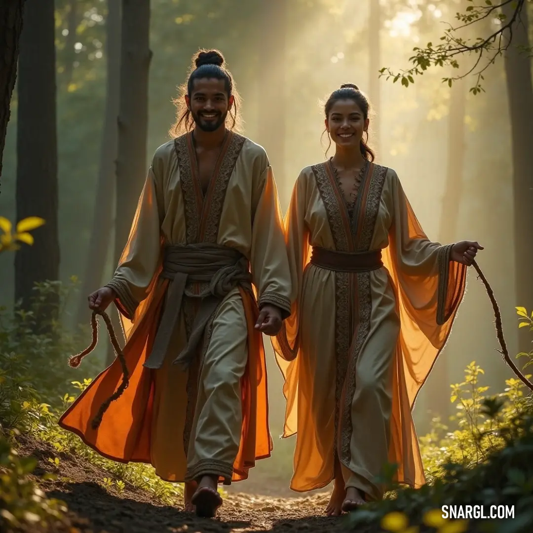 An enchanting duo in costumes wanders through a mystical forest, accompanied by their faithful dog, ready for adventure. A whimsical pair of adventurers, clad in enchanting costumes, stroll through a mist-laden forest, a loyal dog trailing closely behind as they explore the mysteries of nature together.