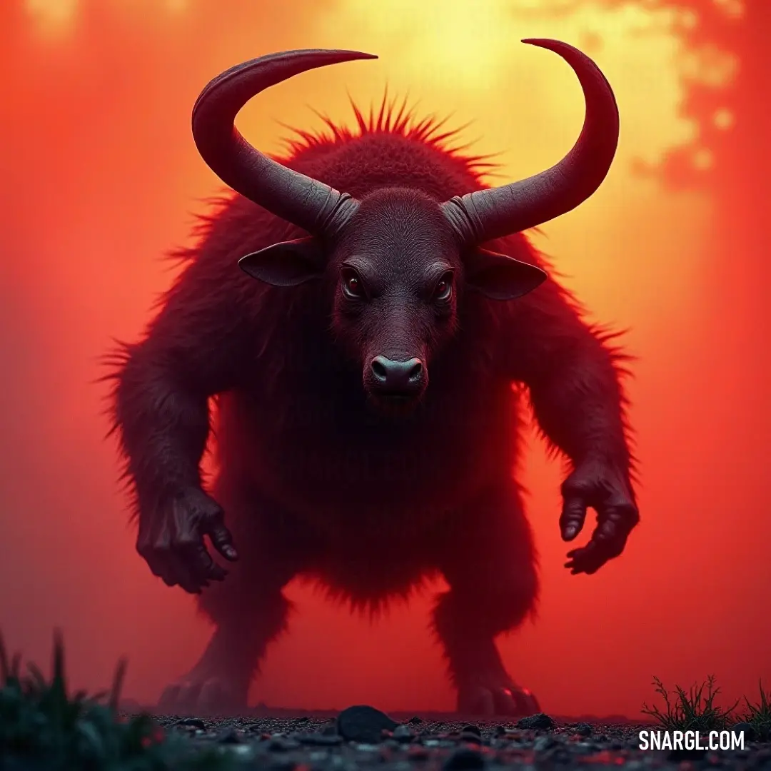 El Acechador, the mighty horned beast, stands in a peaceful field at sunset, its horns spread wide and eyes closed, as the last rays of sunlight bathe it in an ethereal glow. A massive horned creature, El Acechador, stands tall in a vast field during sunset. Its sharp, large horns are spread wide, and its eyes are closed in a serene, powerful stance, blending with the fading warmth of the sun on the horizon.
