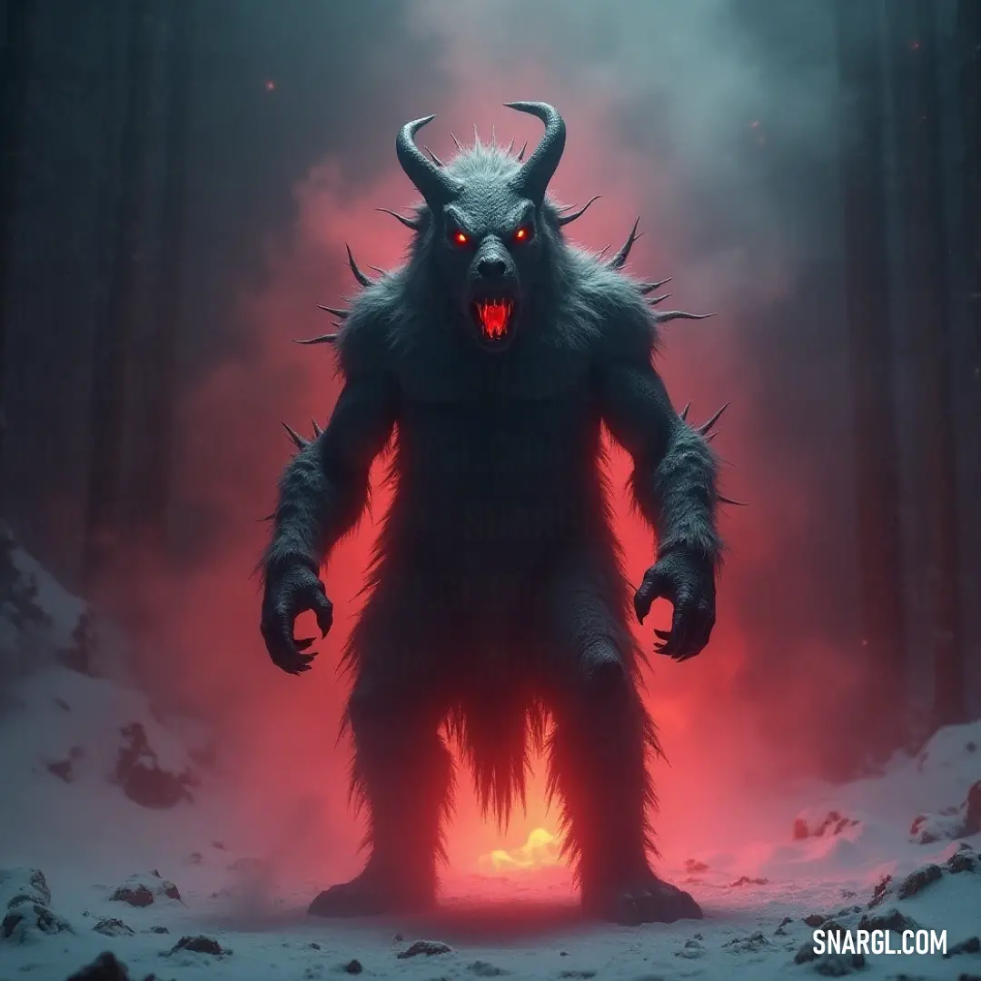 The chilling figure of El Chupacabra, crowned with horns and glinting eyes, navigates a snowy landscape where red light bathes the forest in a haunting glow. A fearsome El Chupacabra with menacing horns and luminous eyes prowls through a snowy forest, lit by an eerie red light that creates an enchanting, otherworldly ambiance.