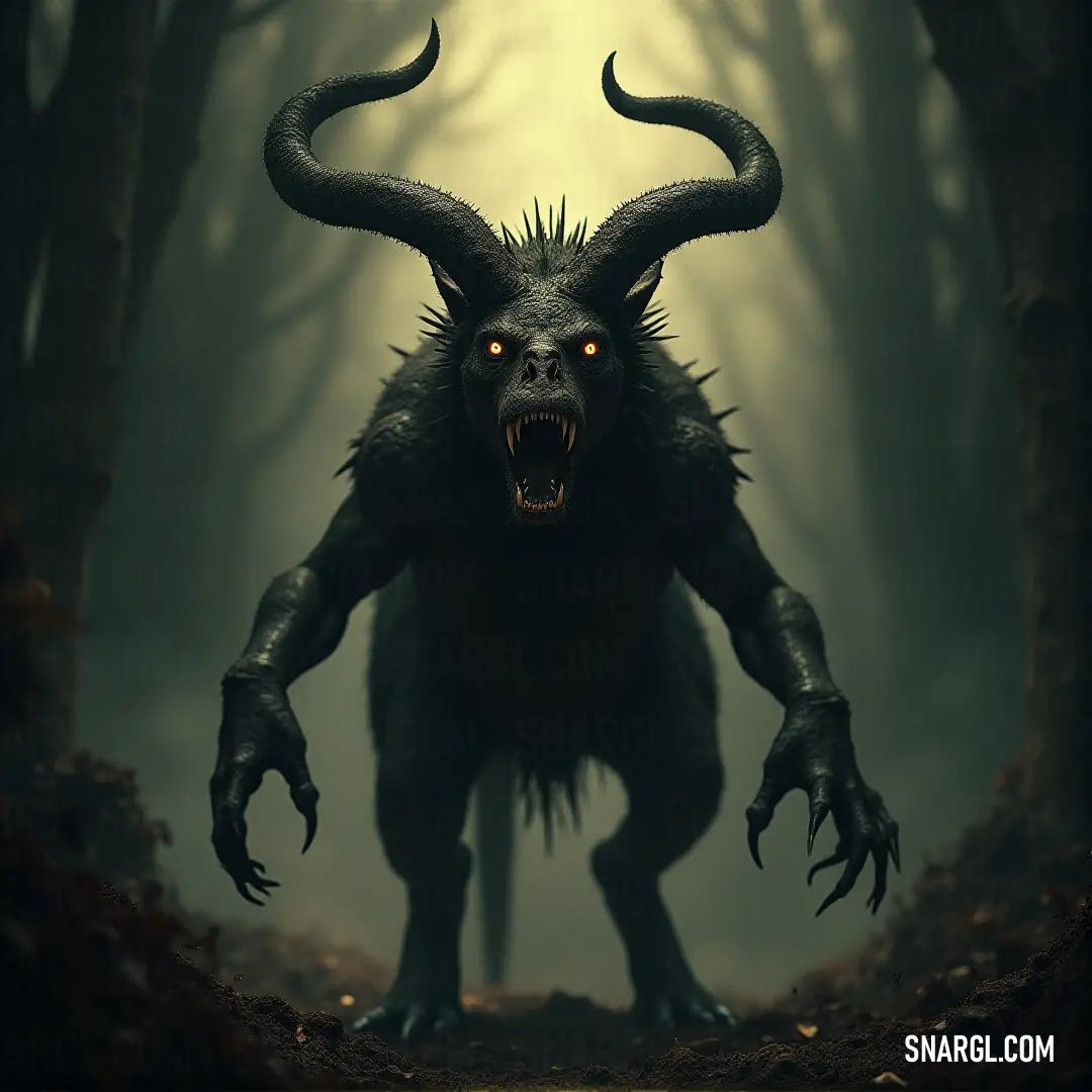 A fearsome El Sanguinario with sharp fangs and twisted horns stalks through a fog-covered forest, its form barely visible in the shadows. El Sanguinario, a monstrous figure with towering horns and menacing fangs, prowls through a misty forest. Light breaks through the trees, casting an eerie glow on the creature as it stands amongst the fog, ready to strike at any moment.
