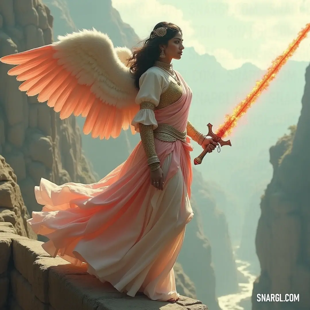 Elanor sports a stunning pink dress, her determined stance framed by towering mountains as she wields a sword and flame, a picture of courage and heroism amidst the great outdoors. Elanor, clad in a flowing pink dress, stands resolutely against a majestic mountain backdrop, her sword raised confidently alongside a flickering flame, embodying the spirit of adventure and bravery in this dramatic landscape.